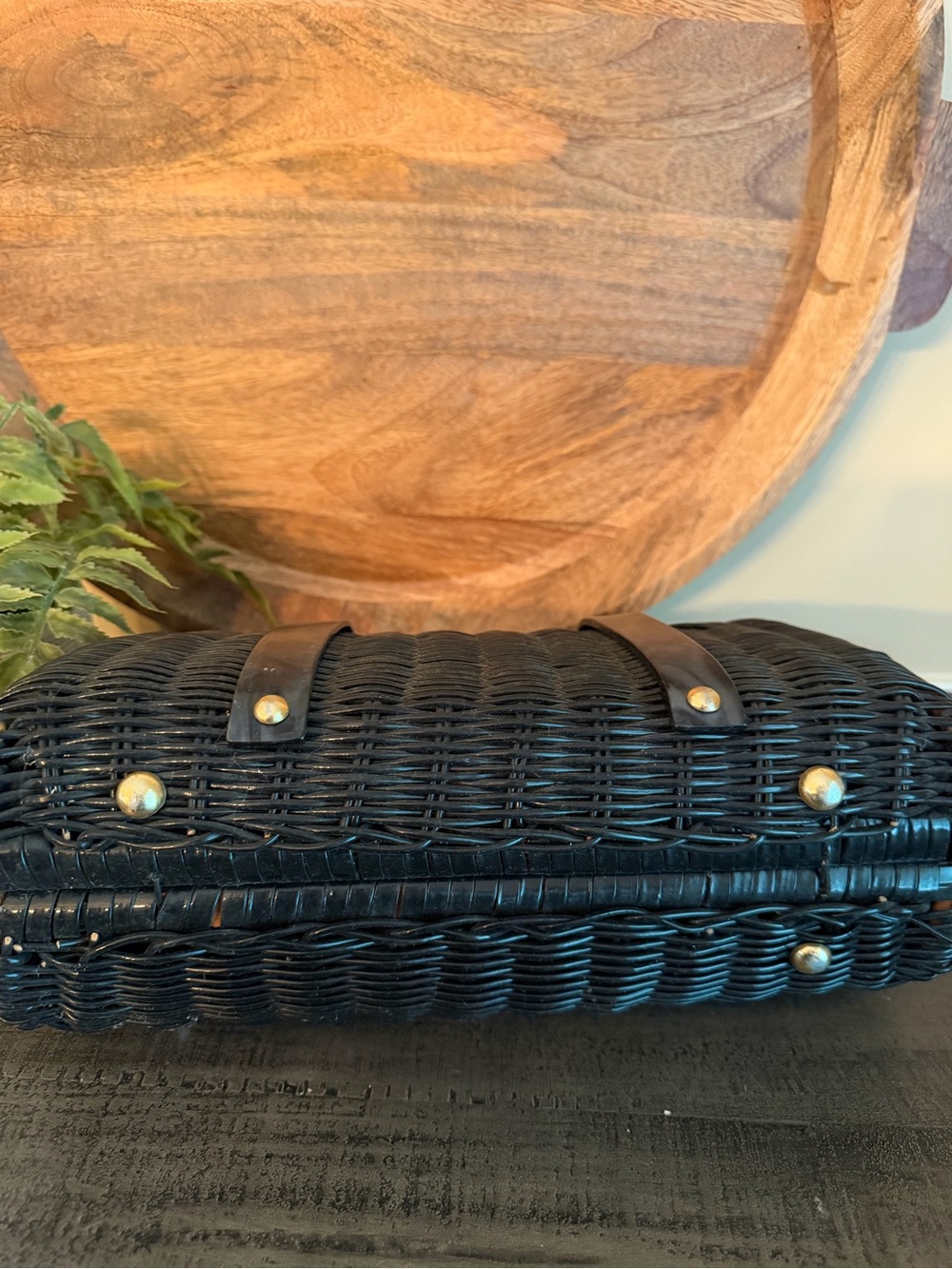 Vintage 1950s -60s Hand Made British Hong Kong Rattan Wicker Purse Black Lucite - Picture 6 of 11